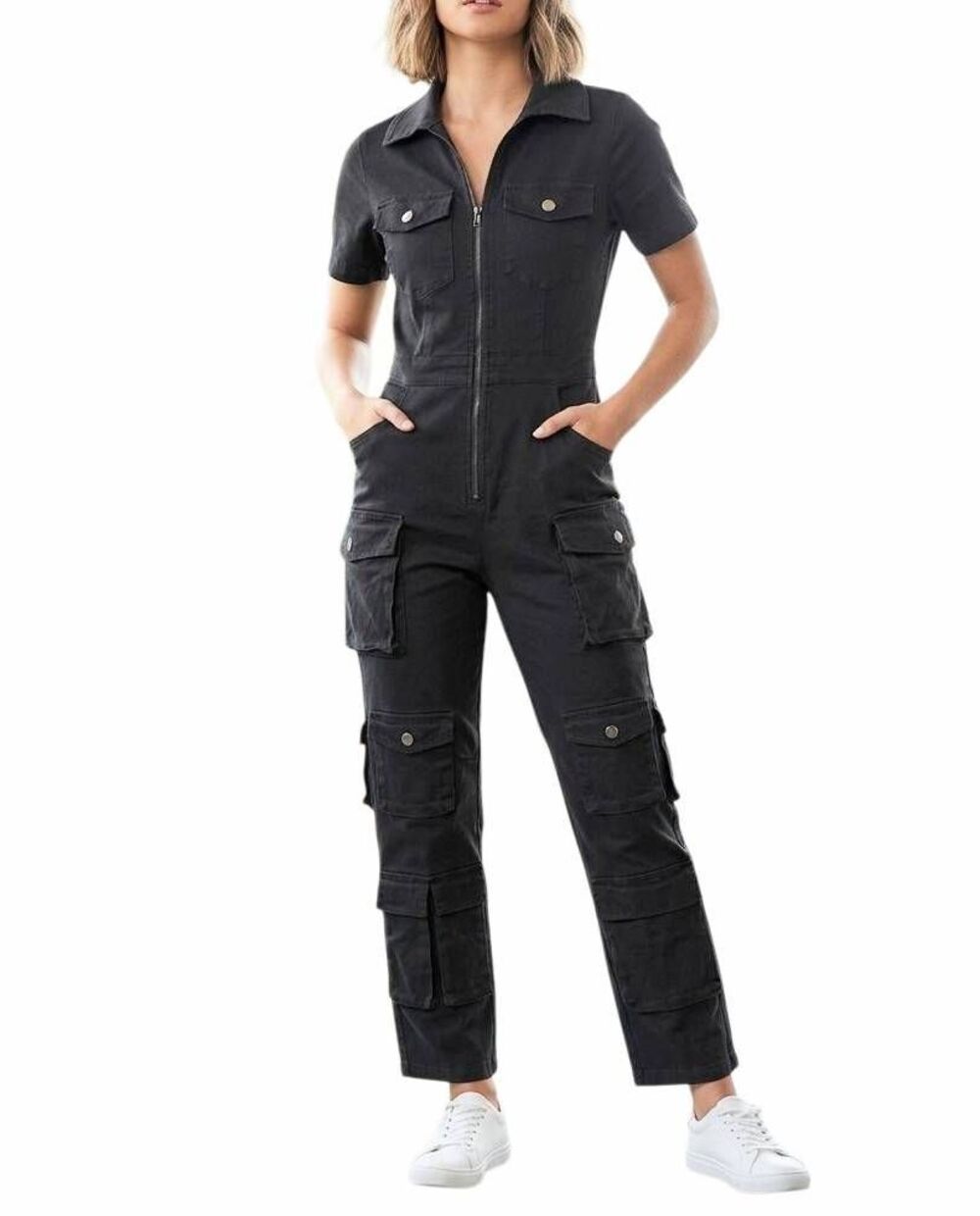 Kaylee Kollection Black cargo pocket stretch short sleeve jumpsuit womens S
